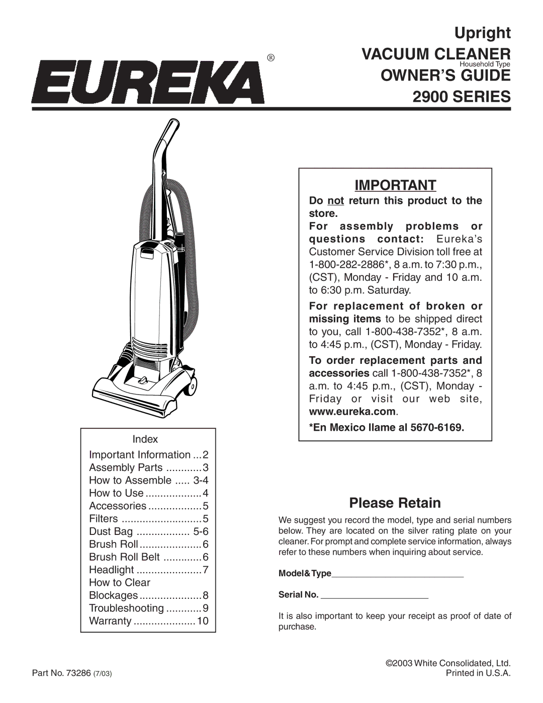 Eureka 2900 Series warranty Do not return this product to the store, En Mexico llame al 