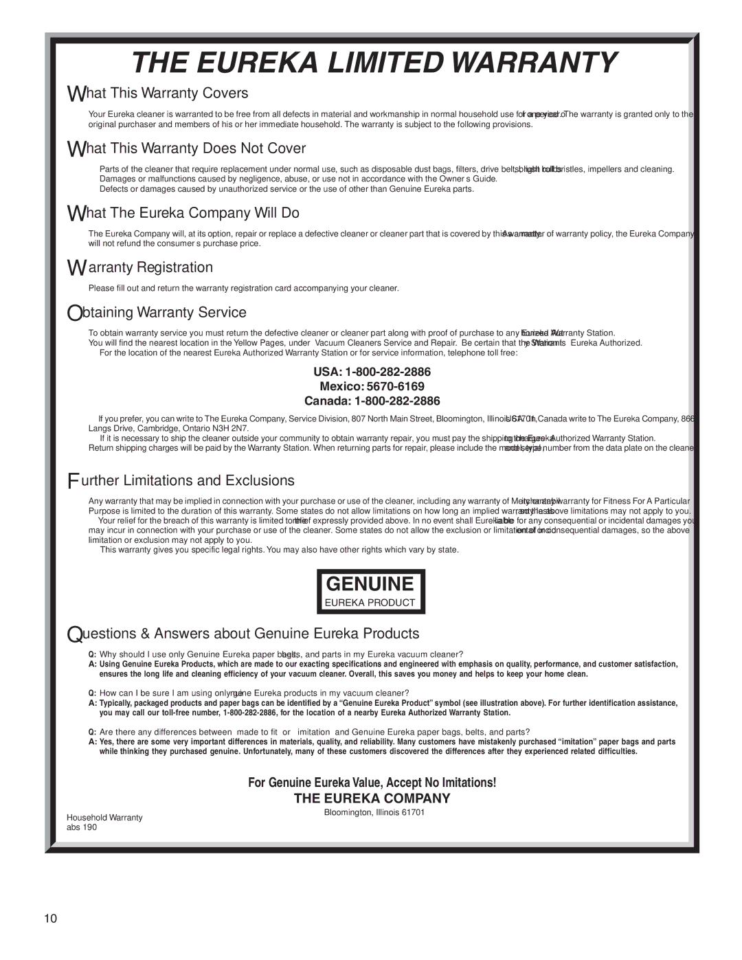 Eureka 2900 Series warranty Eureka Limited Warranty 