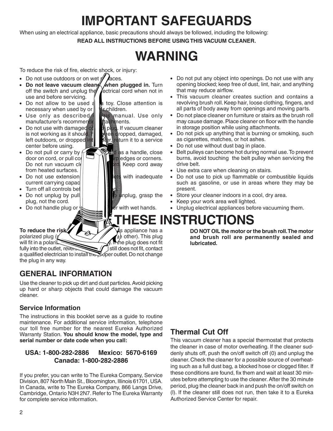 Eureka 2900 Series warranty Thermal Cut Off, Service Information, USA 1-800-282-2886 Mexico Canada 