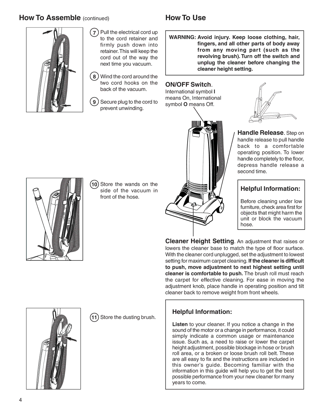 Eureka 2900 Series warranty ON/OFF Switch, Helpful Information 