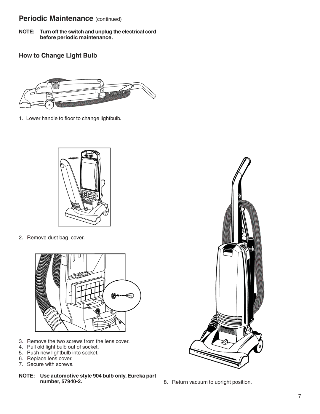 Eureka 2900 Series warranty How to Change Light Bulb 