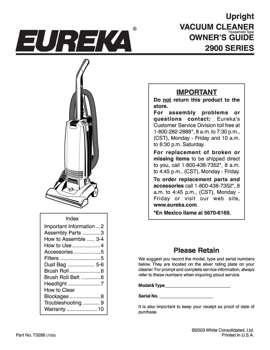 Eureka 2900 Series warranty Please Retain, Upright, Vacuum Cleaner, Owner’S Guide, Index, Important Information, Filters 