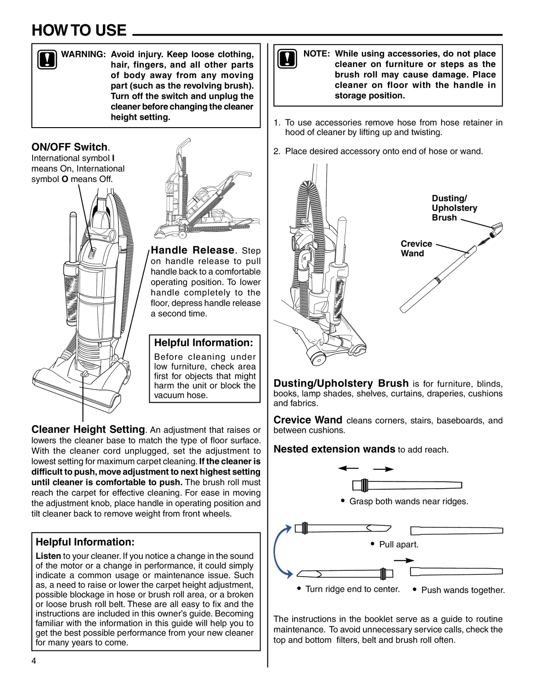 Eureka 2940-2969 Series warranty HOW to USE, ON/OFF Switch, Helpful Information, Nested extension wands to add reach 