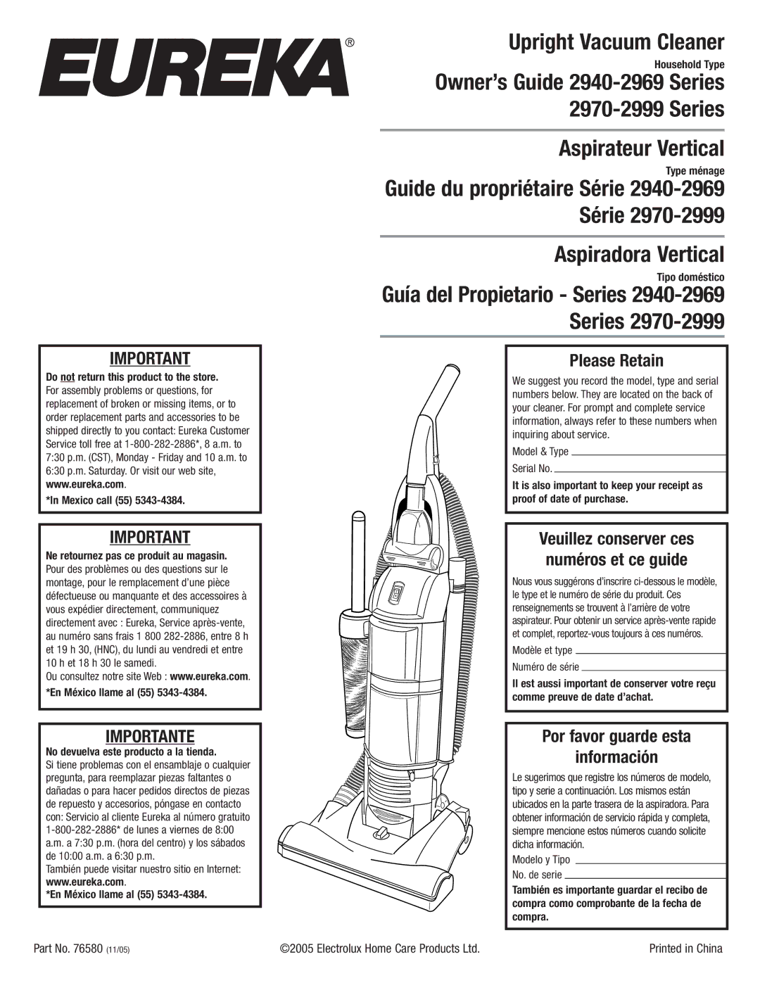 Eureka 2940 manual Importante, Please Retain, Por favor guarde esta Información, Part No 11/05 