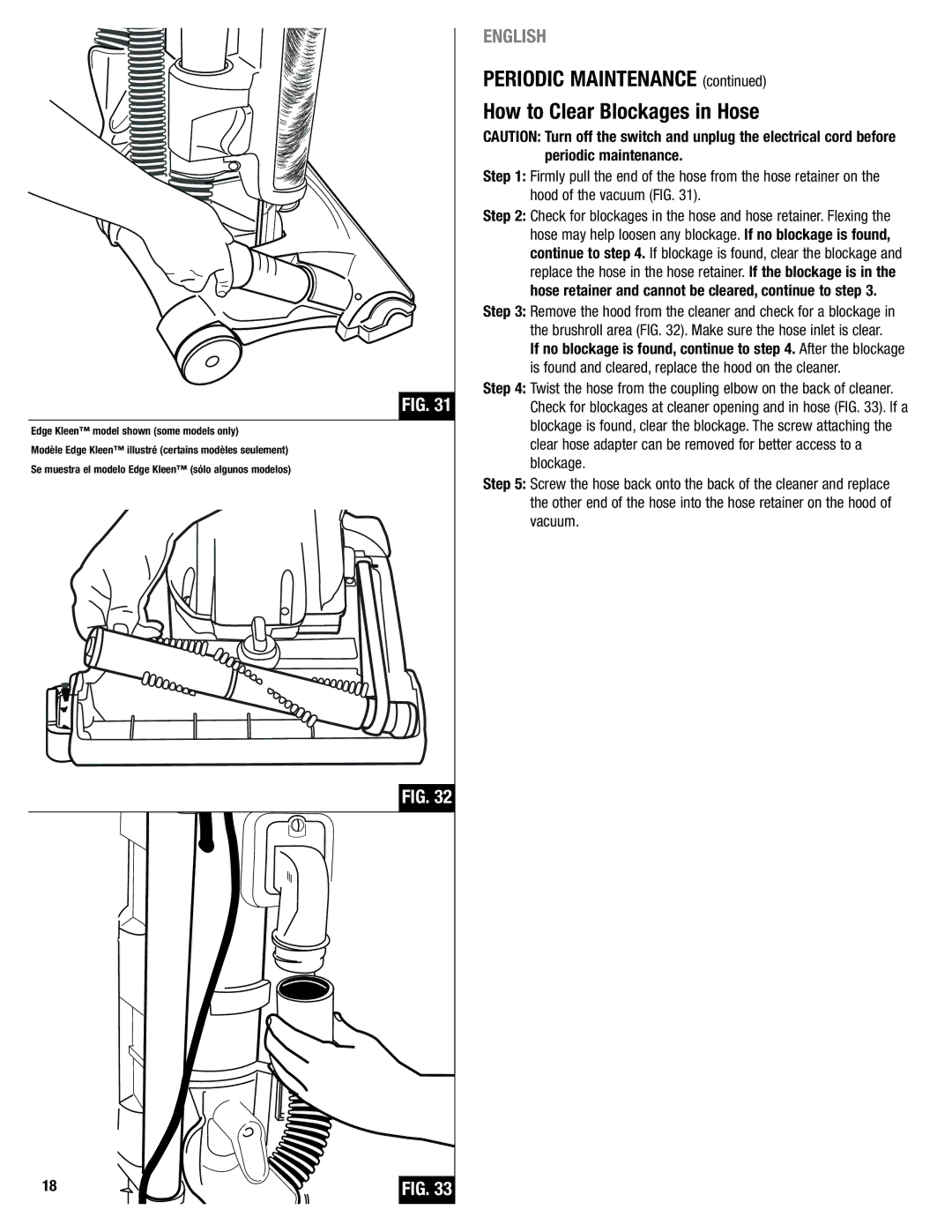 Eureka 2940 manual Periodic Maintenance How to Clear Blockages in Hose, Edge Kleen model shown some models only 