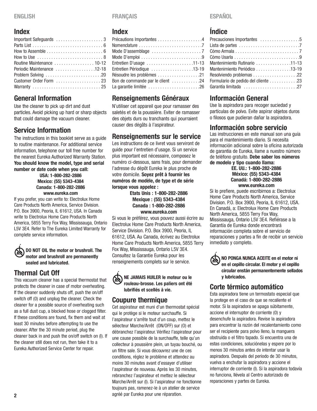 Eureka 2940 manual Index, Índice, General Information, Service Information, Renseignements Généraux, Información General 