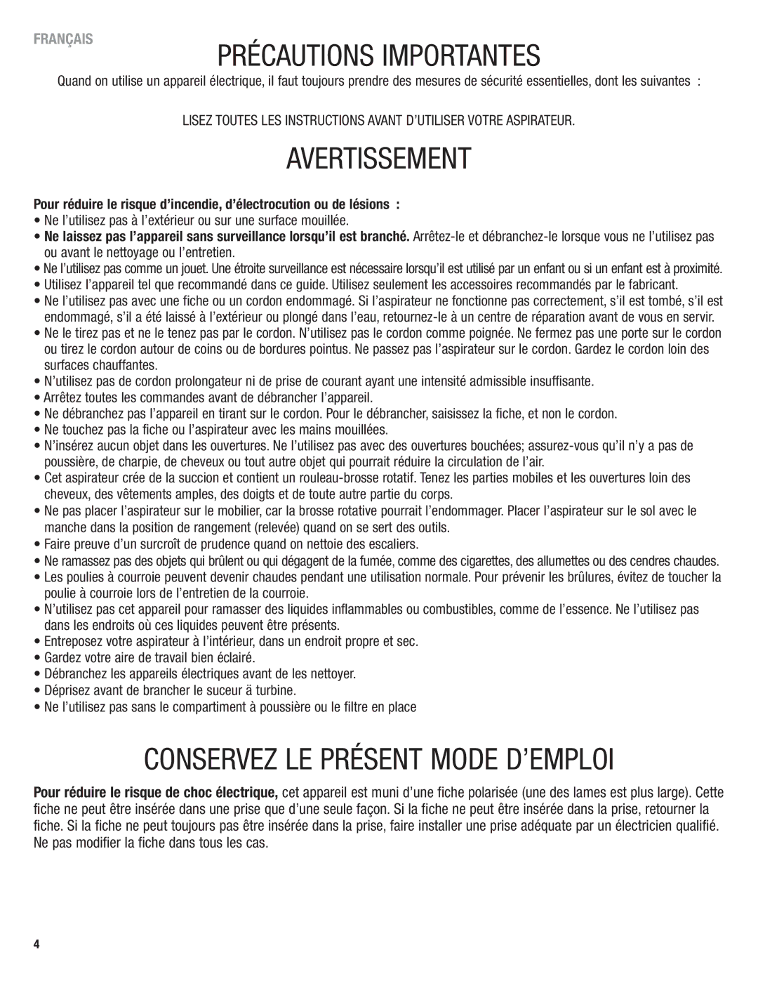 Eureka 2940 manual Précautions Importantes 