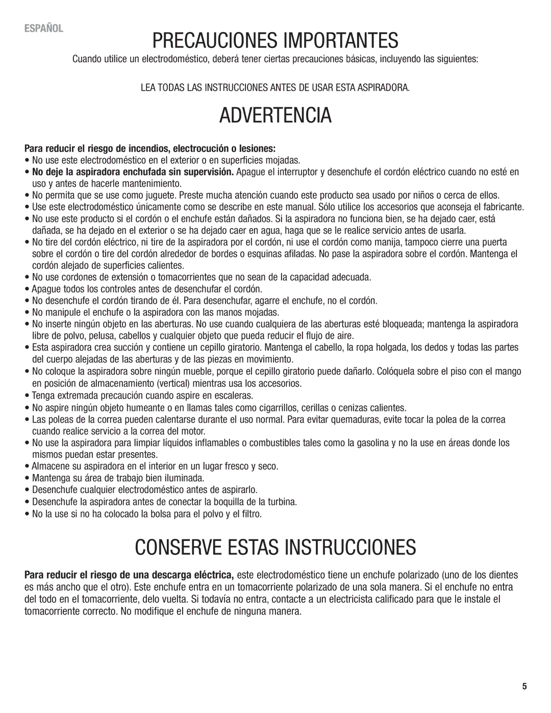 Eureka 2940 manual Precauciones Importantes 