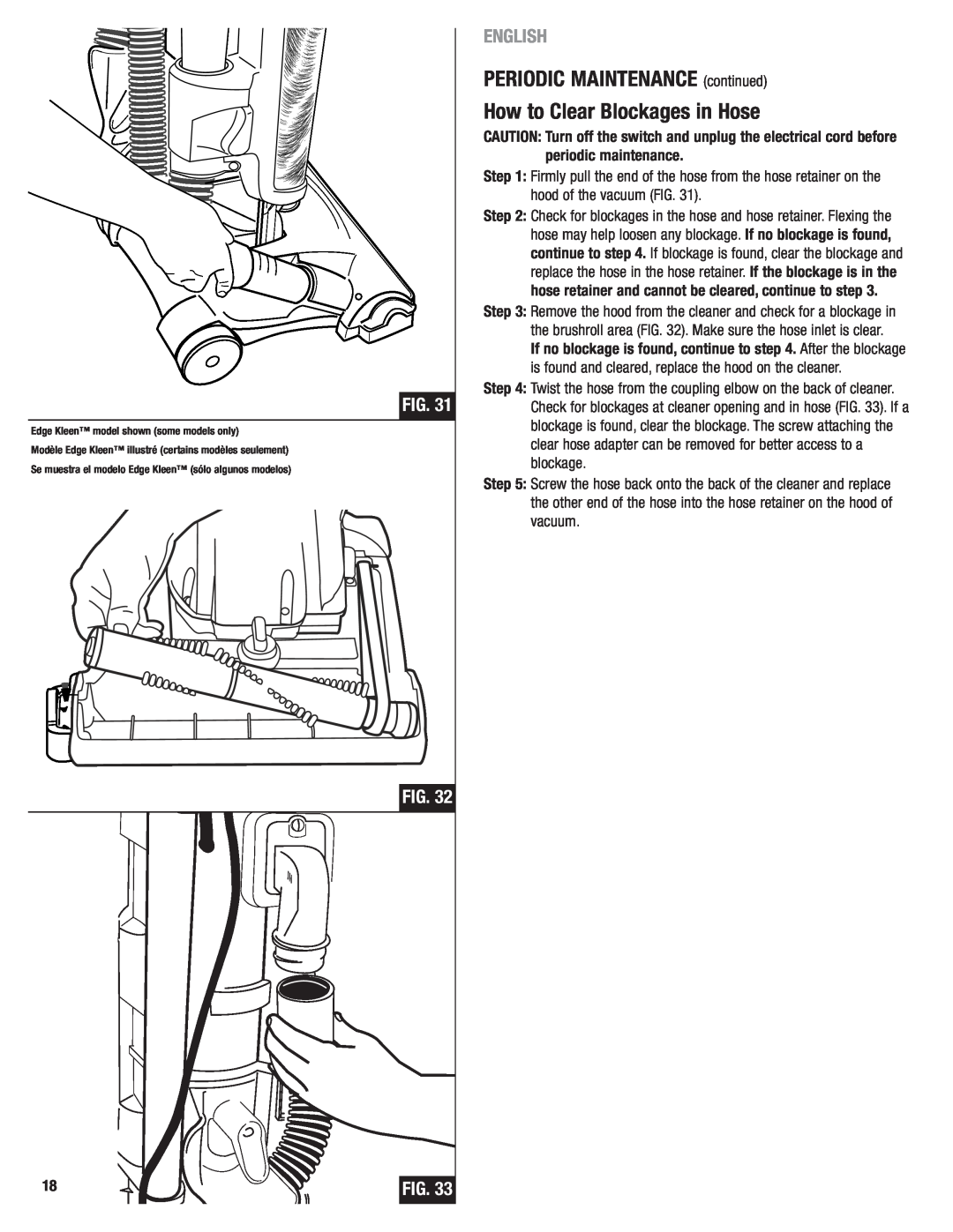 Eureka 2940 manual PERIODIC MAINTENANCE continued How to Clear Blockages in Hose, English 