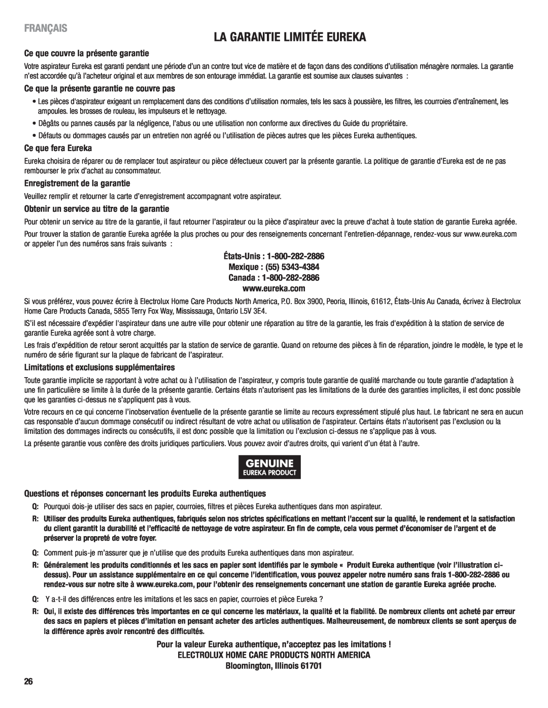 Eureka 2940 manual La Garantie Limitée Eureka, Français, Ce que couvre la présente garantie, Ce que fera Eureka 