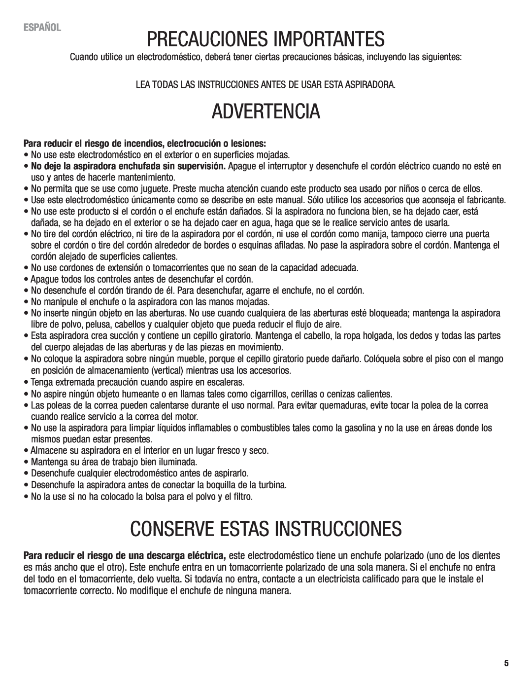 Eureka 2940 manual Precauciones Importantes, Advertencia, Conserve Estas Instrucciones, Español 
