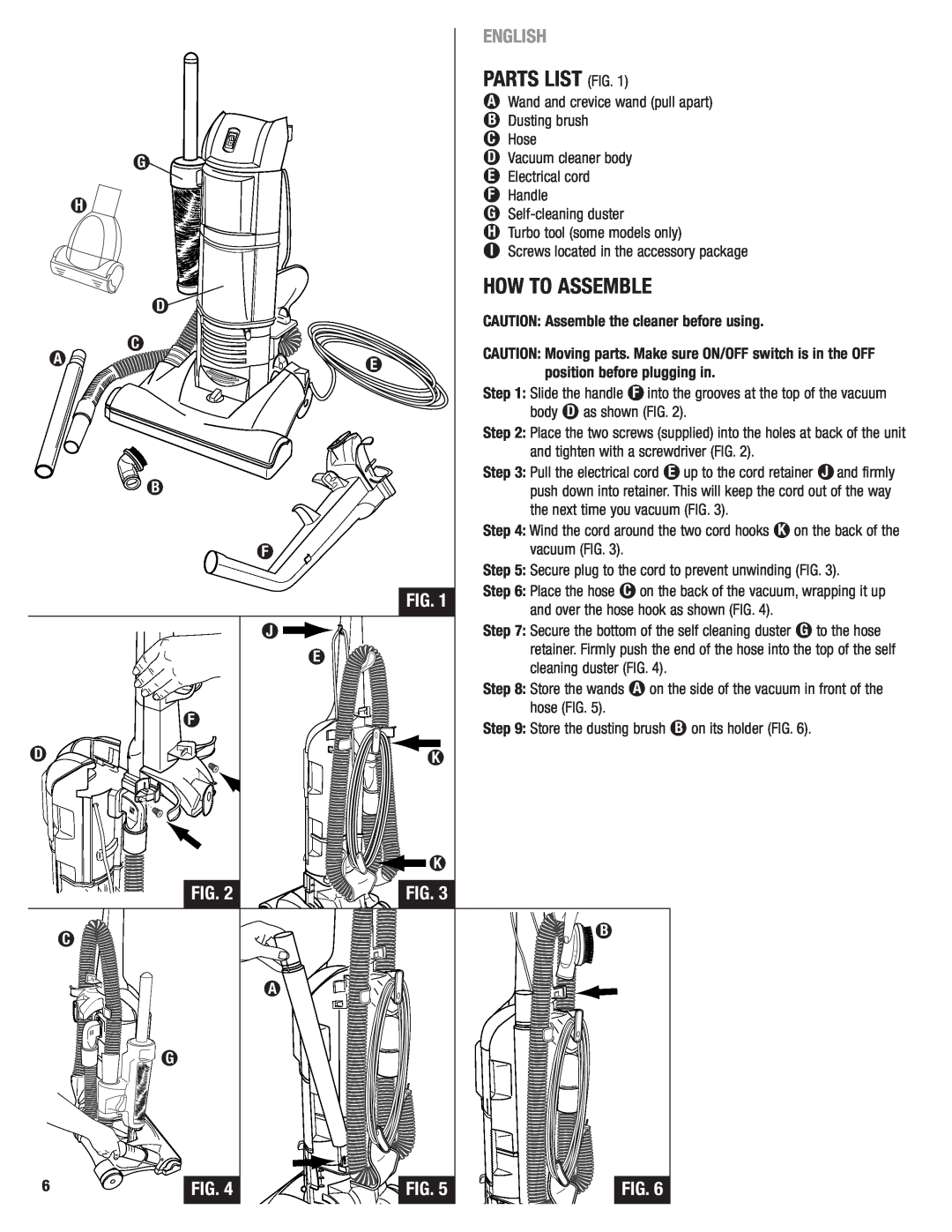 Eureka 2940 manual Parts List Fig, How To Assemble, English, position before plugging in 