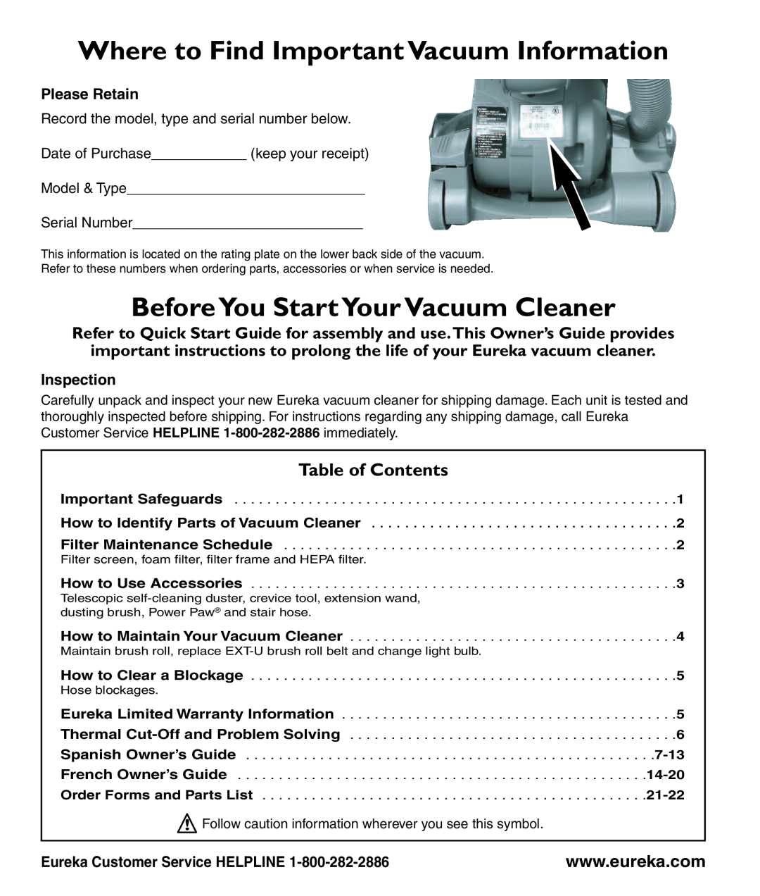 Eureka 2950-2996 Series Where to Find Important Vacuum Information, BeforeYou Start Your VacuumCleaner, Please Retain 