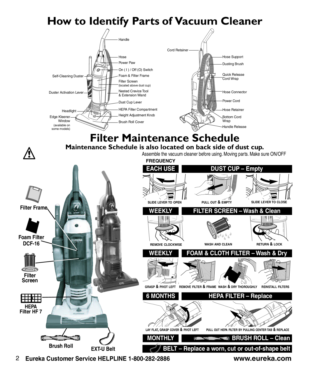 Eureka 2950-2996 Series How to Identify Parts of Vacuum Cleaner, Filter Maintenance Schedule, Filter Frame, Brush Roll 