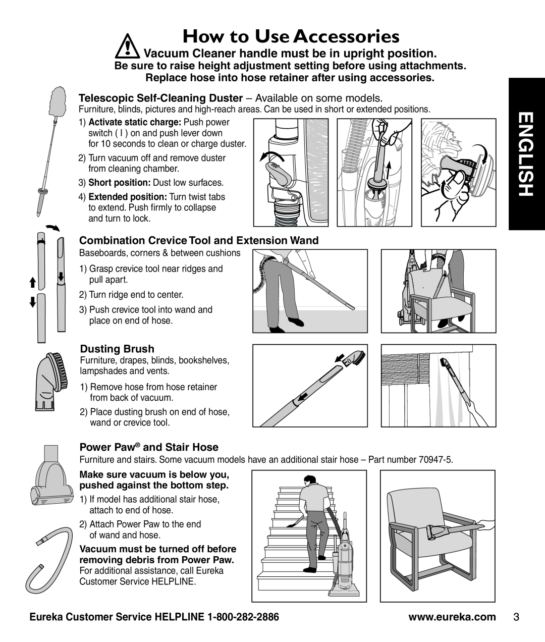 Eureka 2950-2996 Series How to Use Accessories, Vacuum Cleaner handle must be in upright position, Dusting Brush, English 