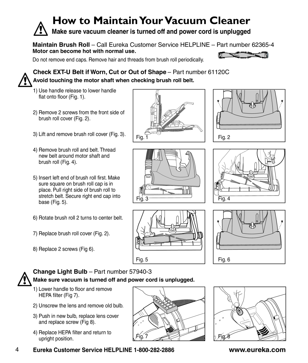 Eureka 2950-2996 Series manual How to Maintain Your Vacuum Cleaner, Change Light Bulb - Part number 
