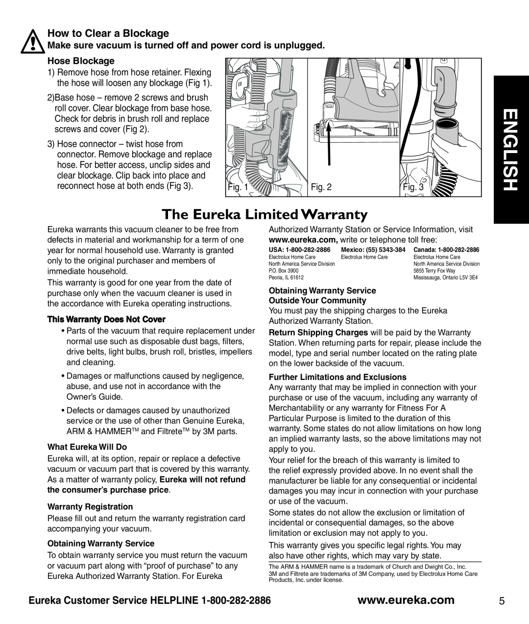 Eureka 2950-2996 Series How to Clear a Blockage, Hose Blockage, English, The Eureka Limited Warranty, What Eureka Will Do 