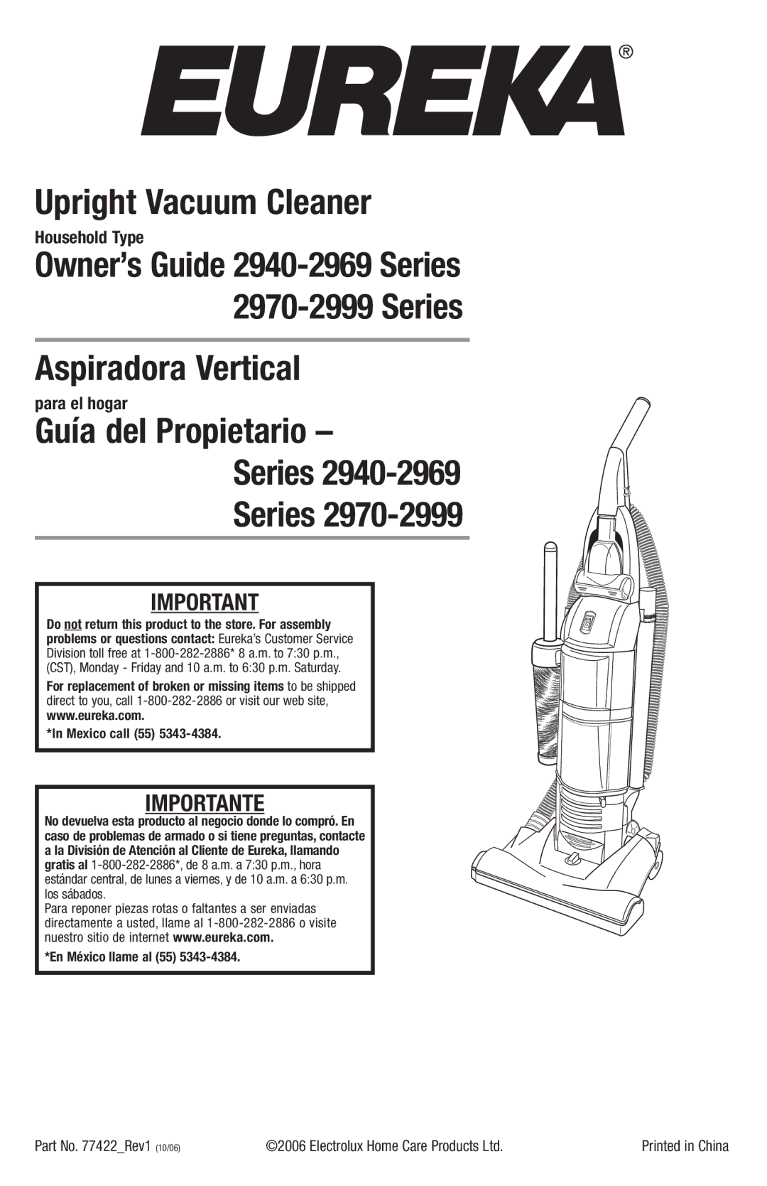 Eureka 2970-2999 Series manual Mexico call 55, En México llame al 55 