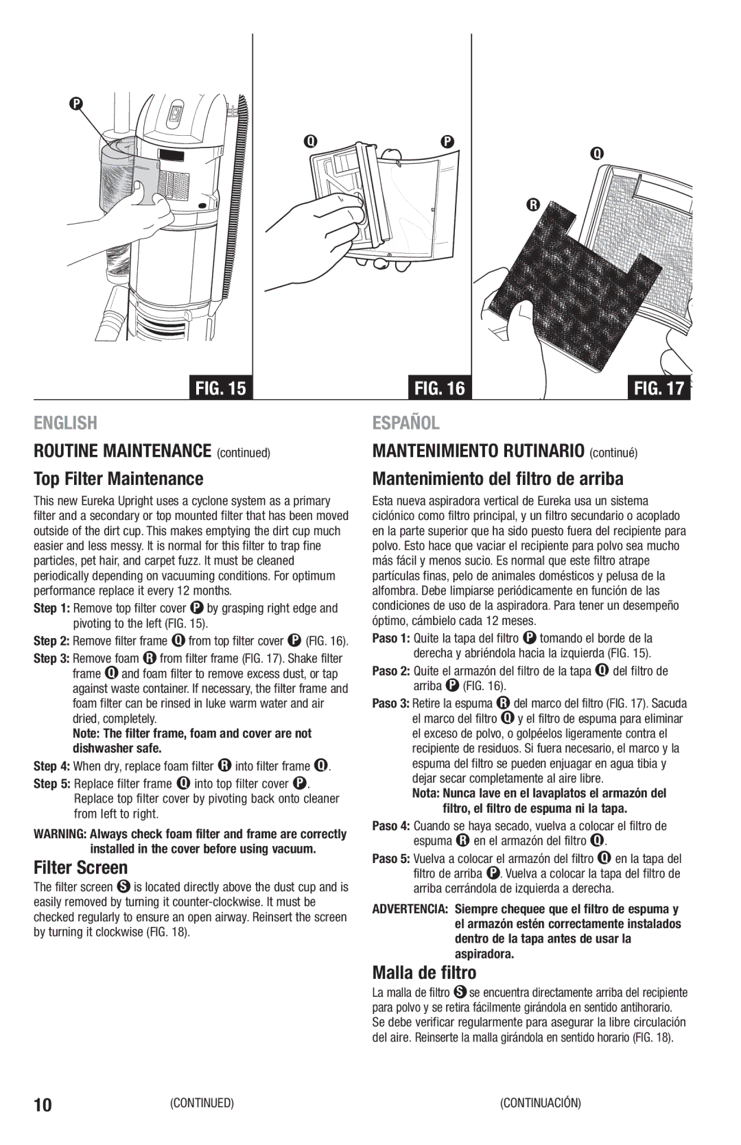 Eureka 2970-2999 Series manual Routine Maintenance, Top Filter Maintenance, Filter Screen, Malla de filtro 