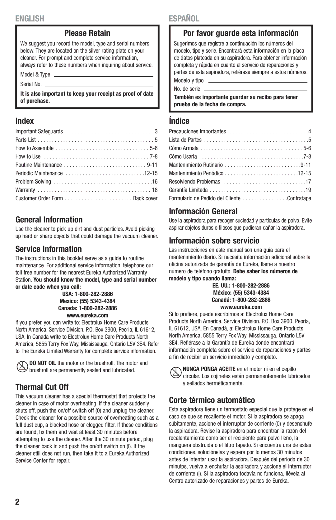 Eureka 2970-2999 Series manual Please Retain, Por favor guarde esta información, Index, Índice, General Information 