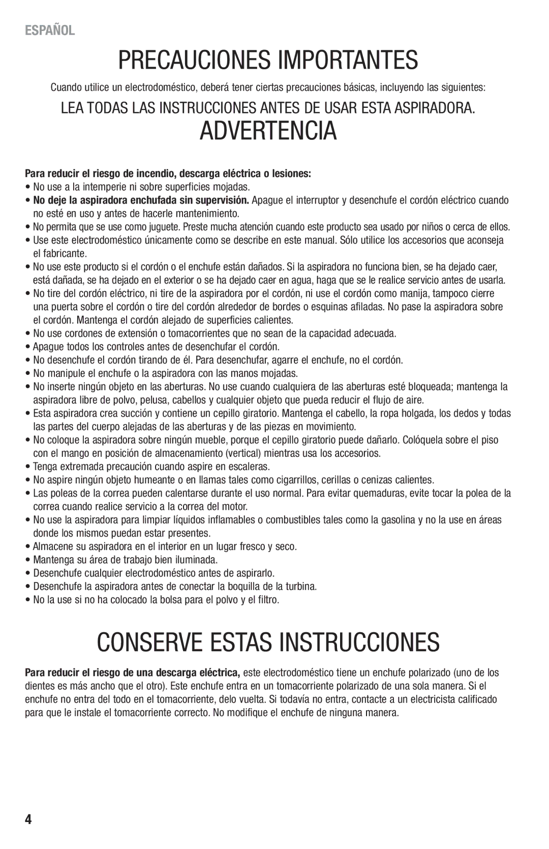 Eureka 2970-2999 Series manual Precauciones Importantes 