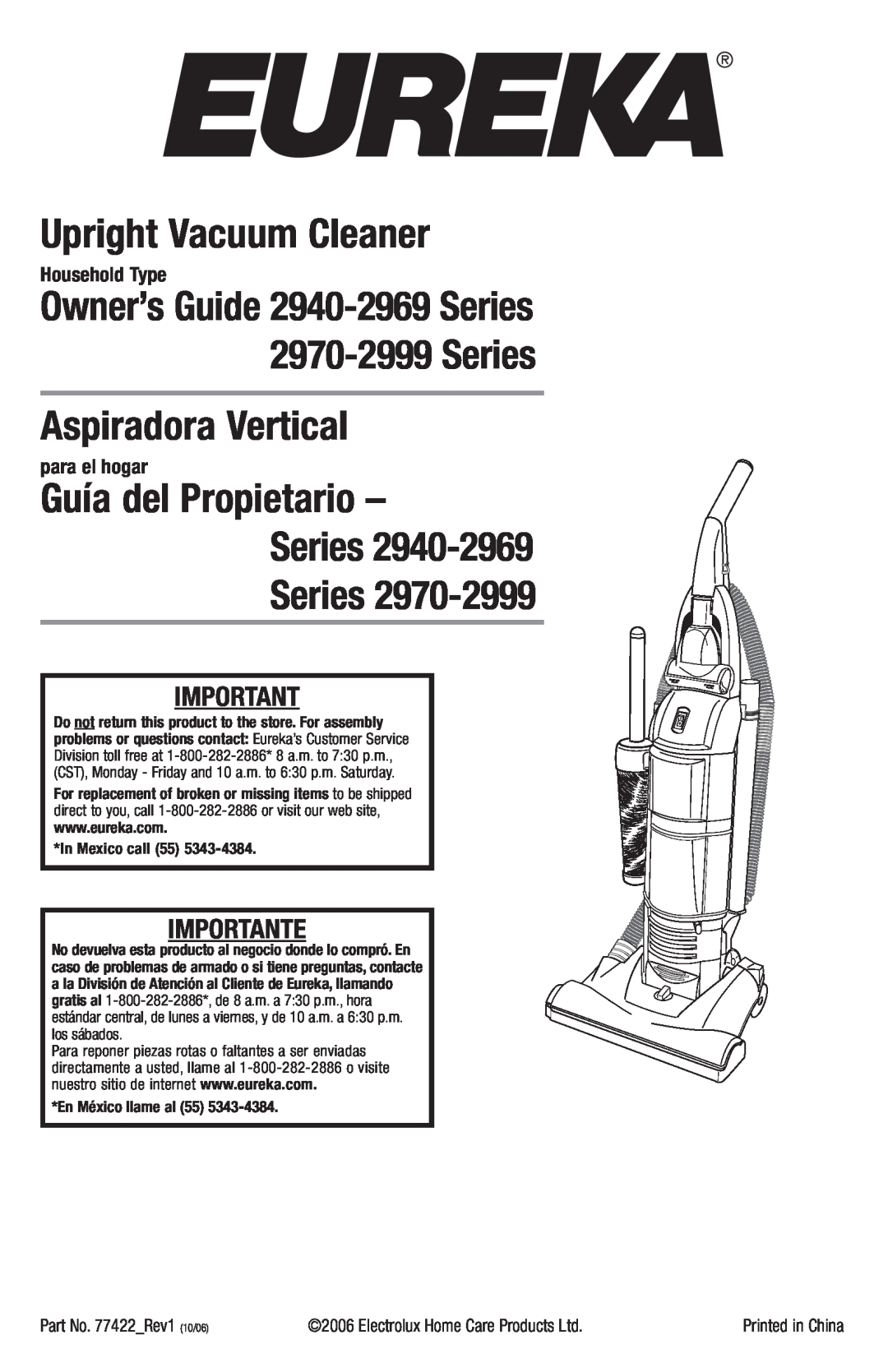 Eureka 2970-2999 Series manual Upright Vacuum Cleaner, Aspiradora Vertical, Guía del Propietario Series Series, Importante 