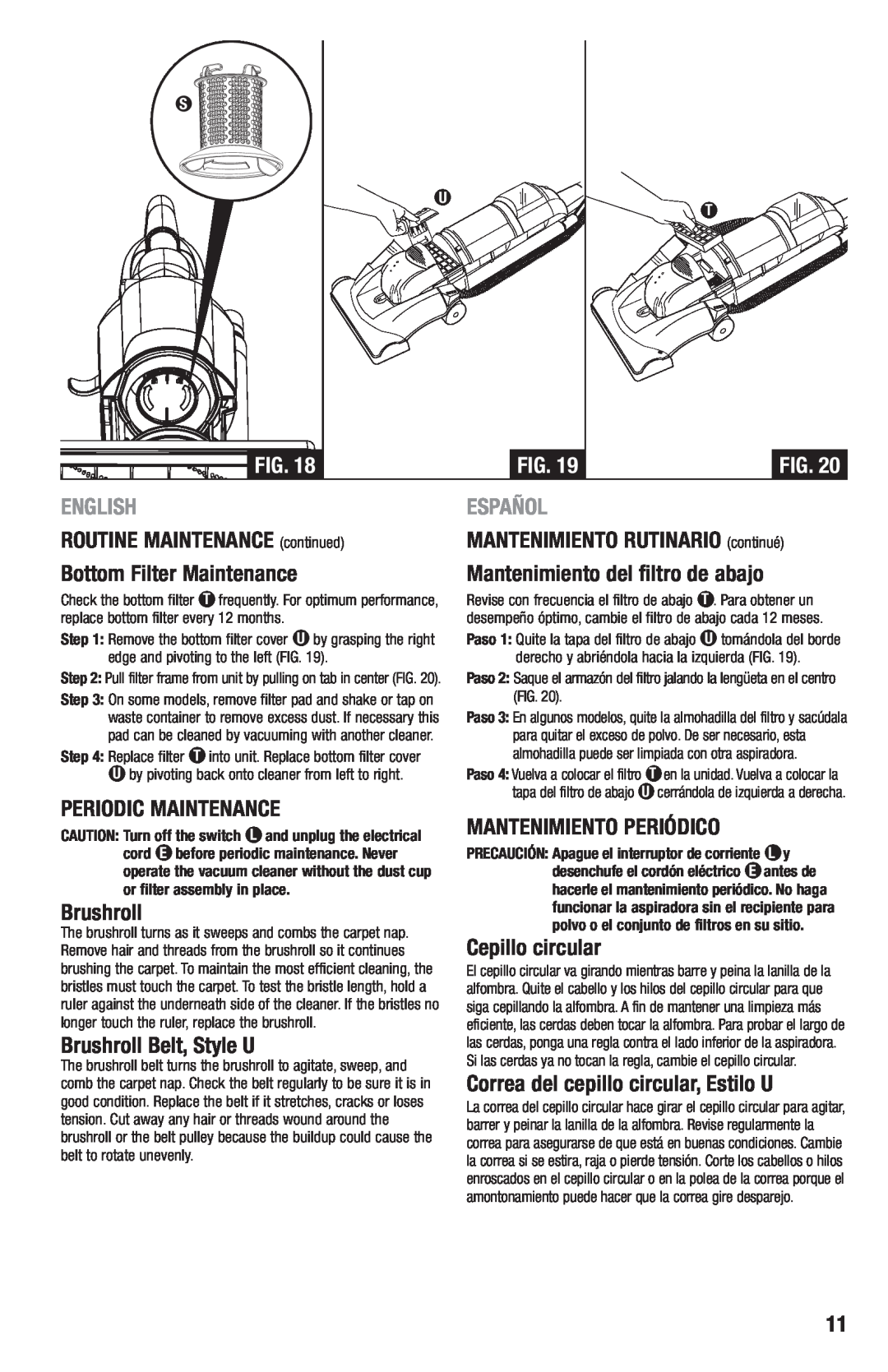 Eureka 2970-2999 Series manual English, ROUTINE MAINTENANCE continued Bottom Filter Maintenance, Español 