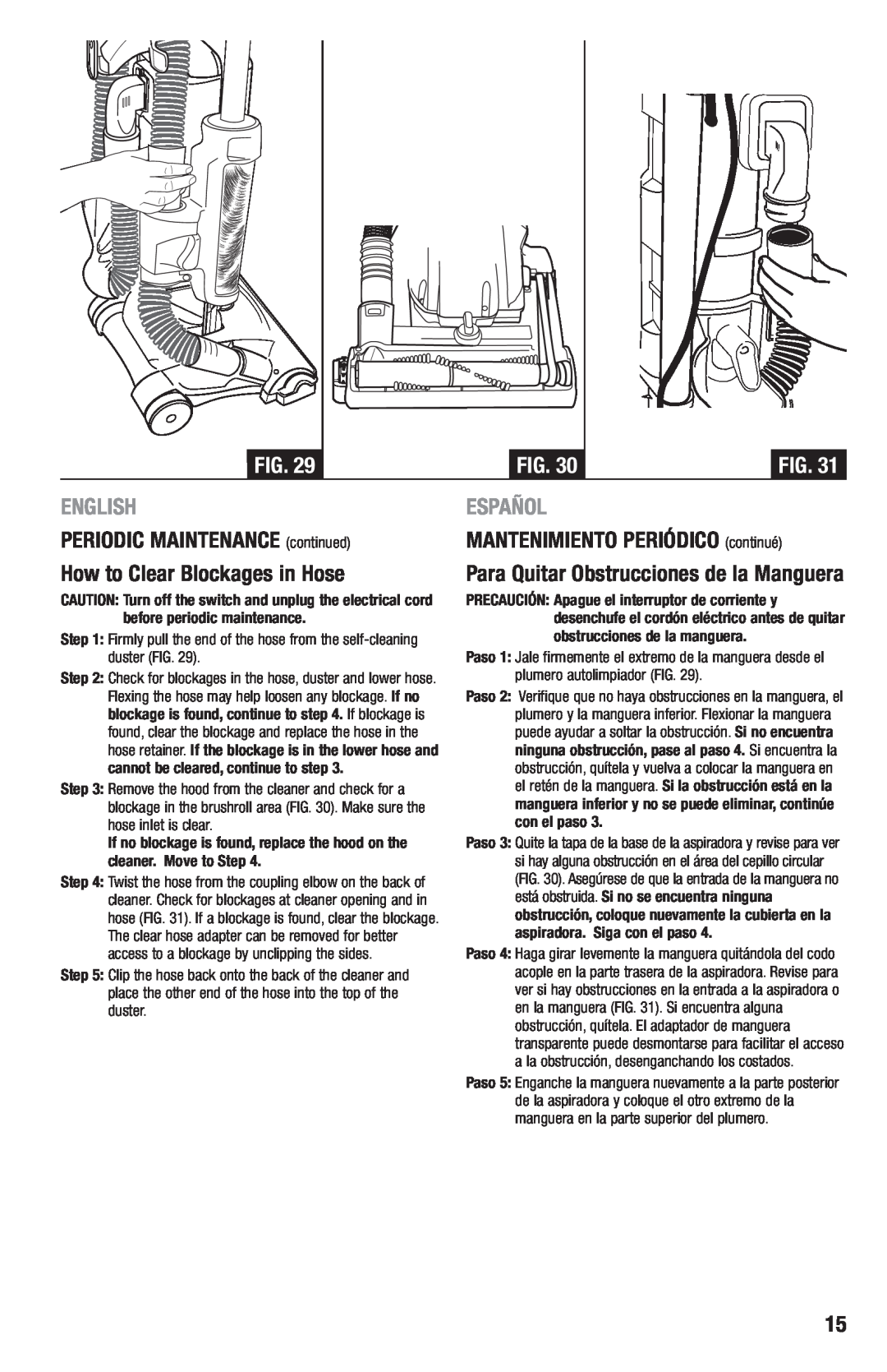 Eureka 2970-2999 Series manual English, PERIODIC MAINTENANCE continued How to Clear Blockages in Hose, Español 