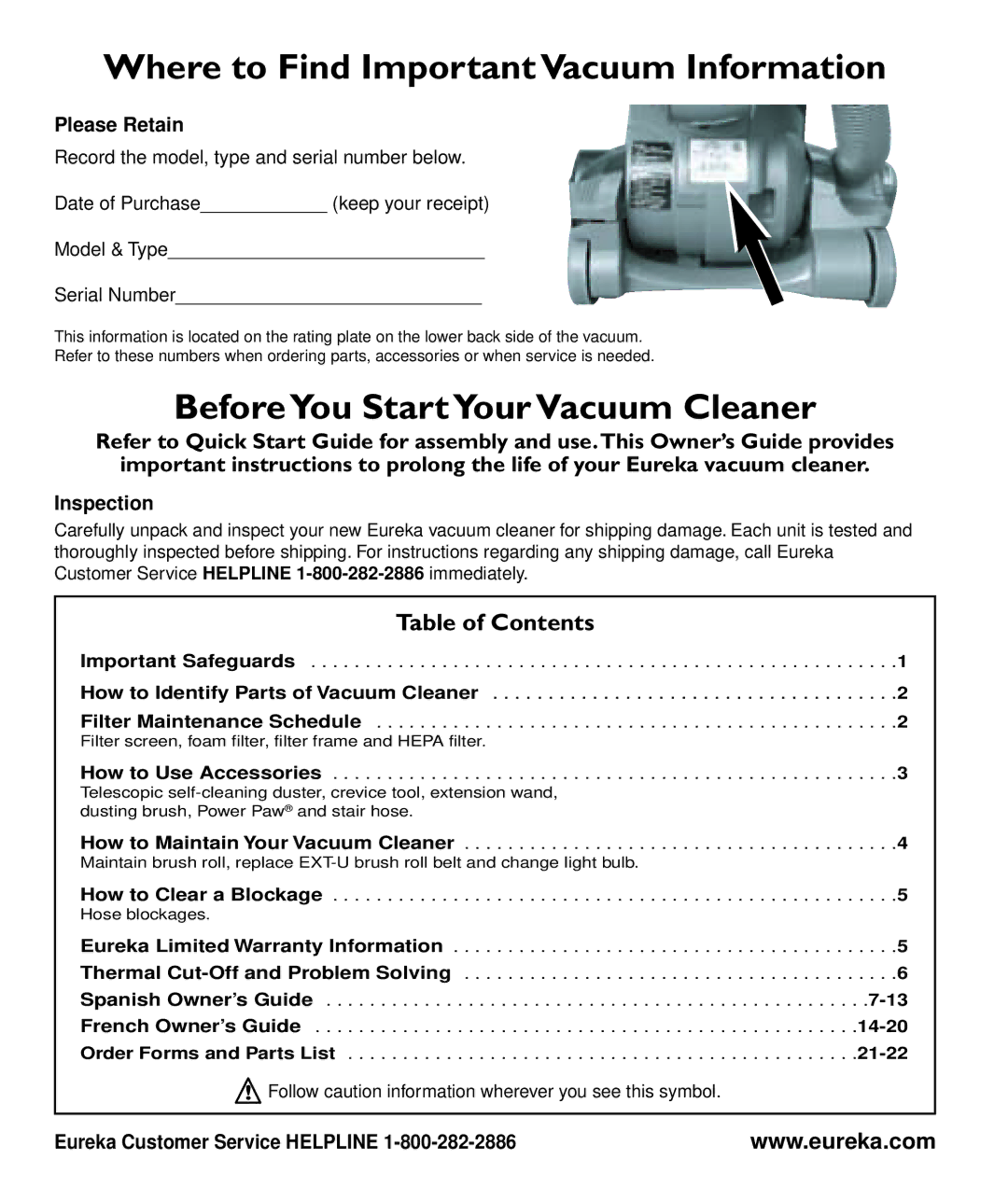 Eureka 2997-2999 Series manual Where to Find Important Vacuum Information, BeforeYou StartYour Vacuum Cleaner 