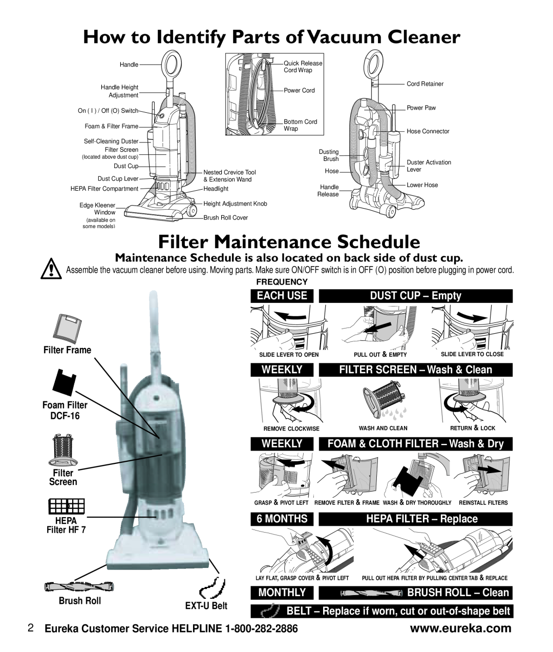 Eureka 2997-2999 Series manual How to Identify Parts of Vacuum Cleaner, Filter Maintenance Schedule, Filter Frame, Each Use 