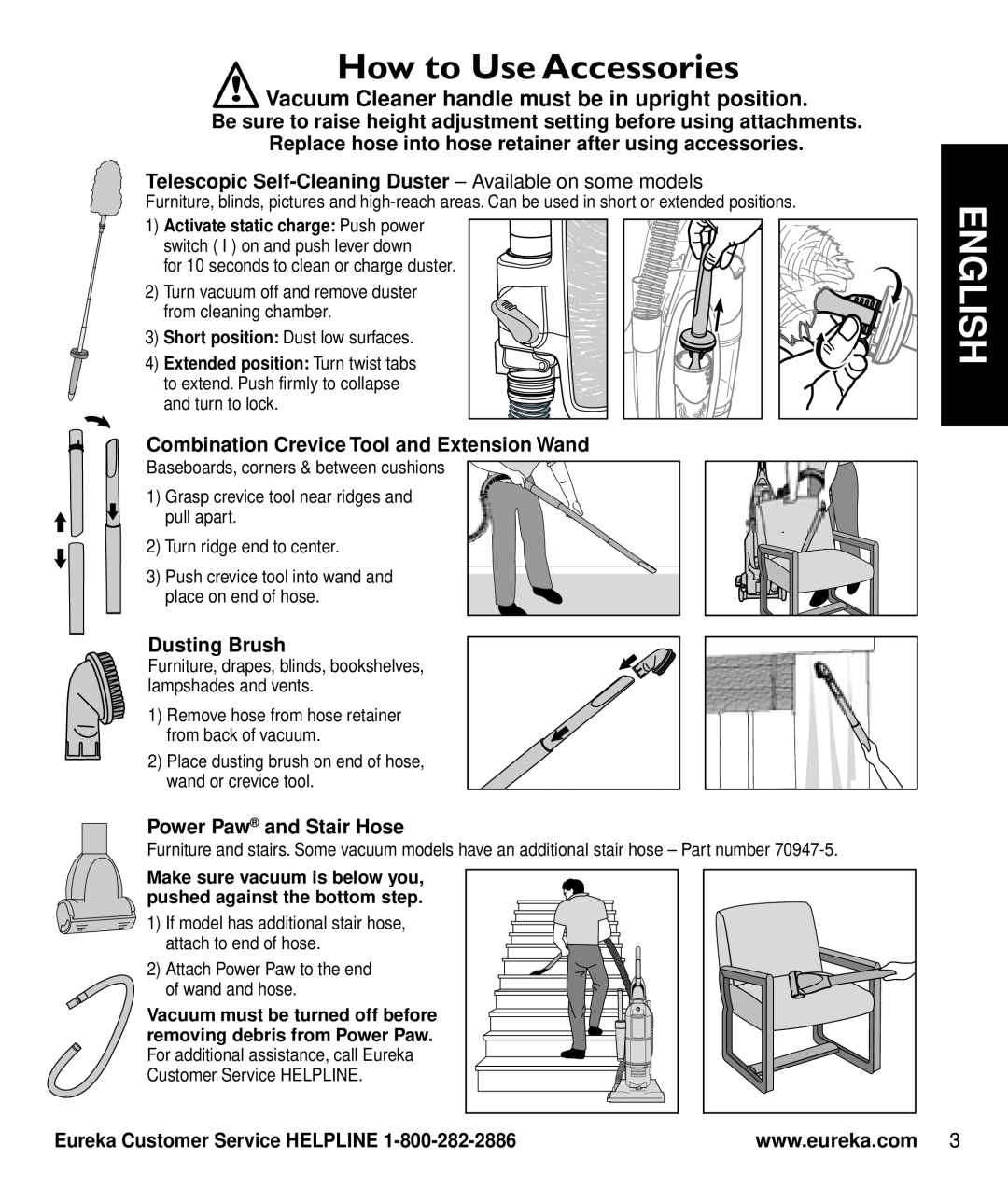 Eureka 2997-2999 Series How to Use Accessories, Vacuum Cleaner handle must be in upright position, Dusting Brush, English 