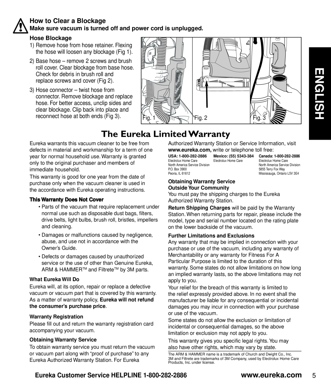 Eureka 2997-2999 Series How to Clear a Blockage, Hose Blockage, English, The Eureka Limited Warranty, What Eureka Will Do 