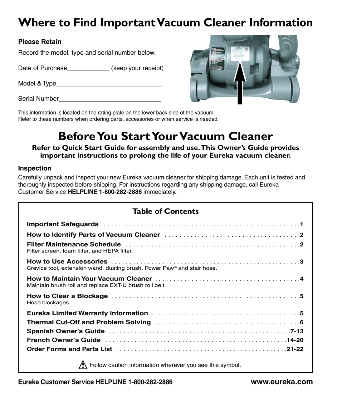 Eureka 3040 Series manual Where to Find Important Vacuum Cleaner Information, BeforeYou Start Your VacuumCleaner 