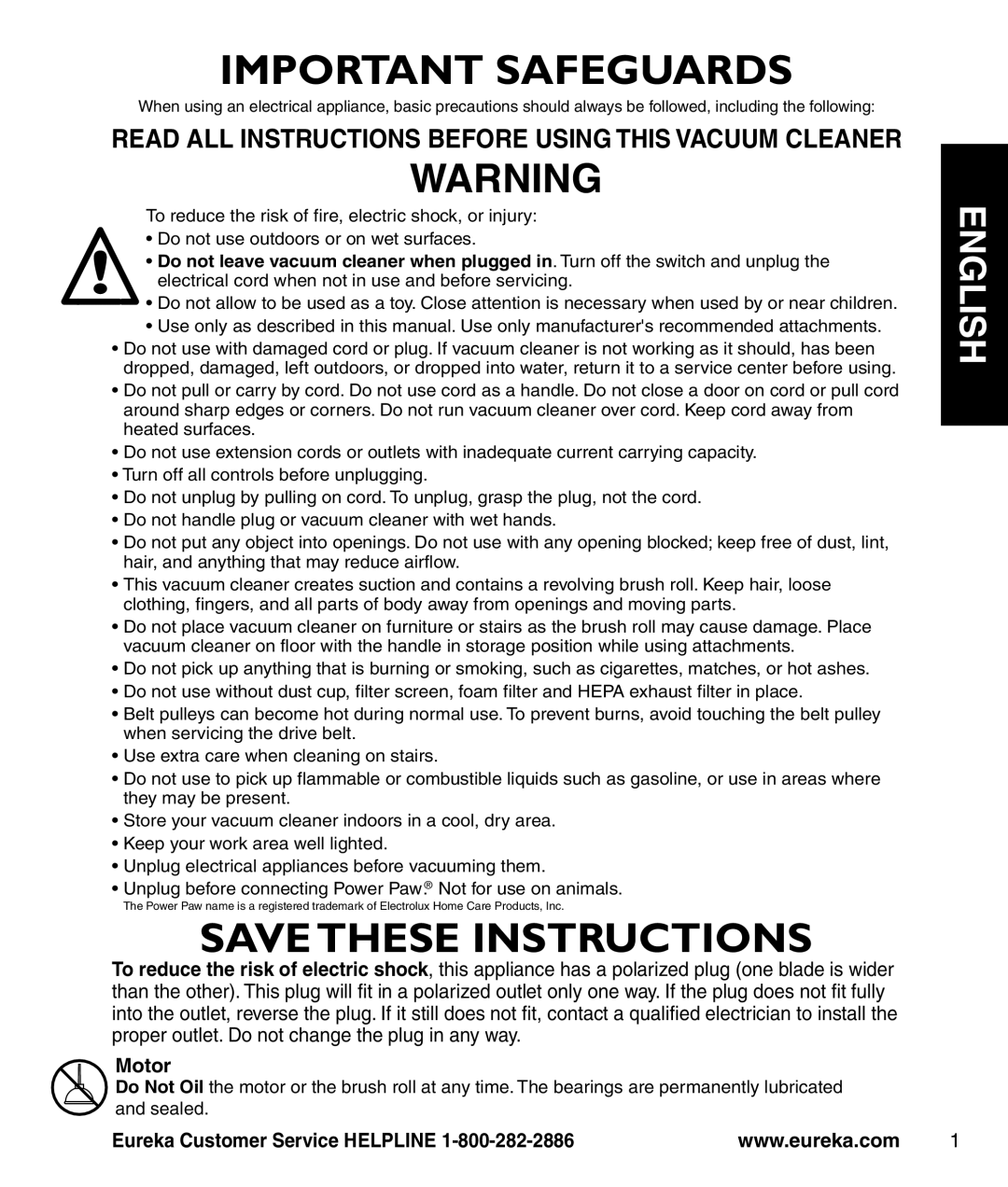 Eureka 3040 Series manual Important Safeguards, Motor 