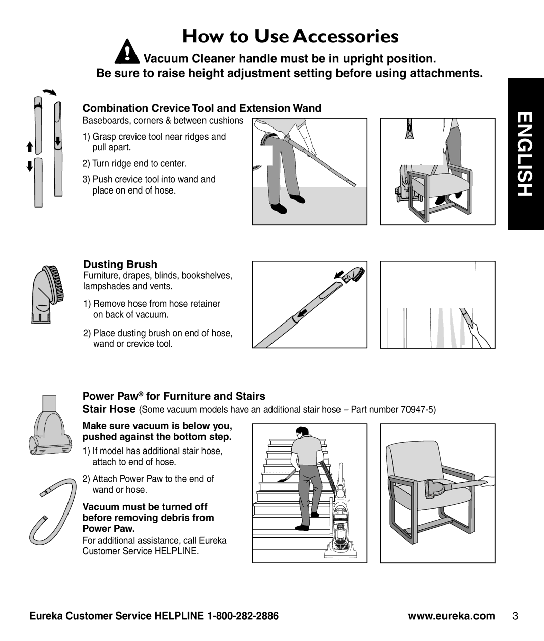 Eureka 3040 Series manual How to Use Accessories, Combination Crevice Tool and Extension Wand, Dusting Brush 