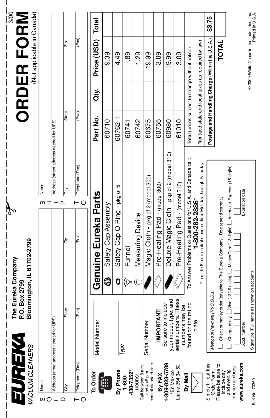 Eureka 310 warranty Order Form 