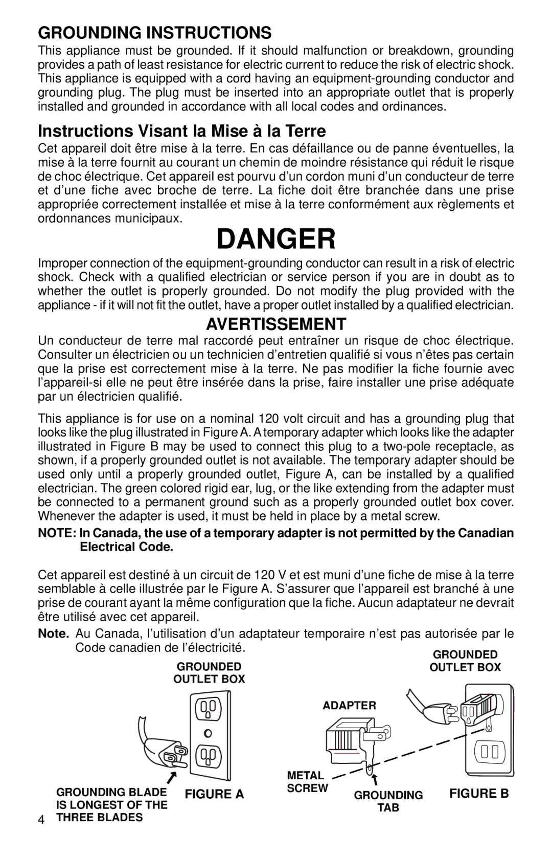 Eureka 310 warranty Grounding Instructions, Instructions Visant la Mise à la Terre, Avertissement 