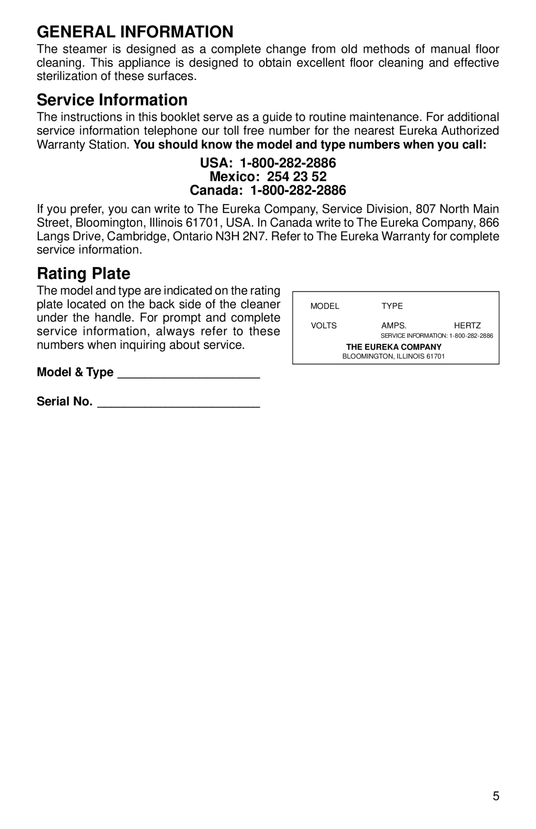 Eureka 310 warranty General Information, Service Information, Rating Plate 