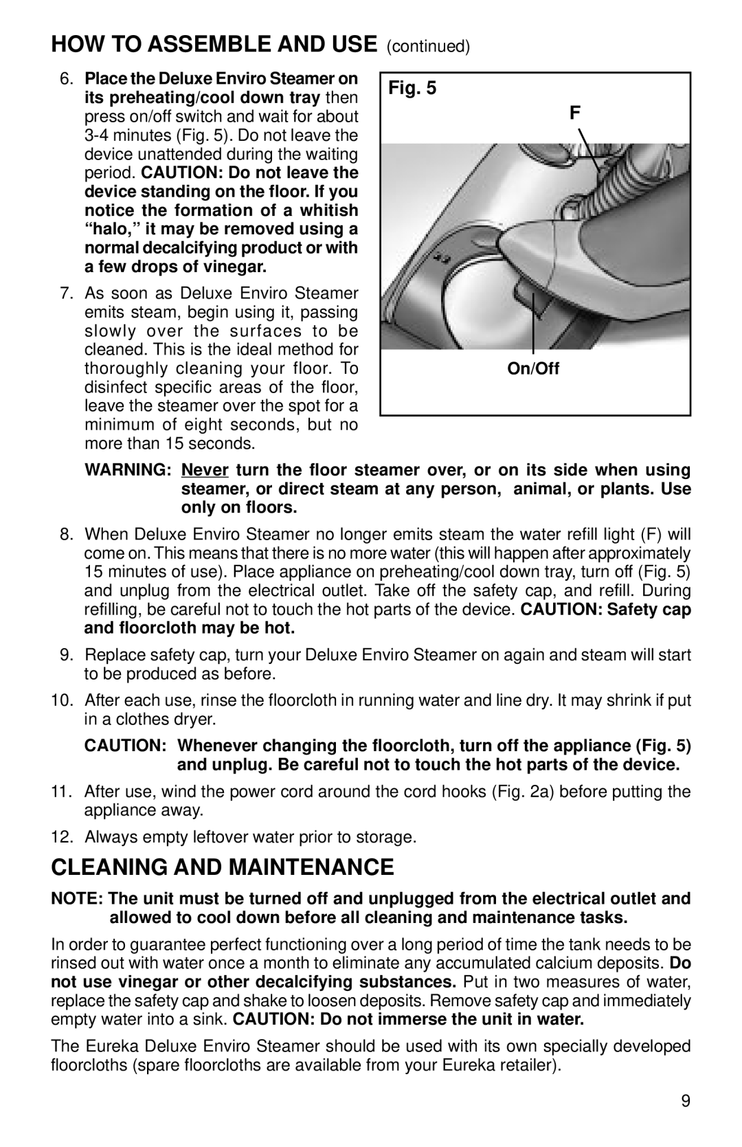 Eureka 310 warranty Cleaning and Maintenance, On/Off 