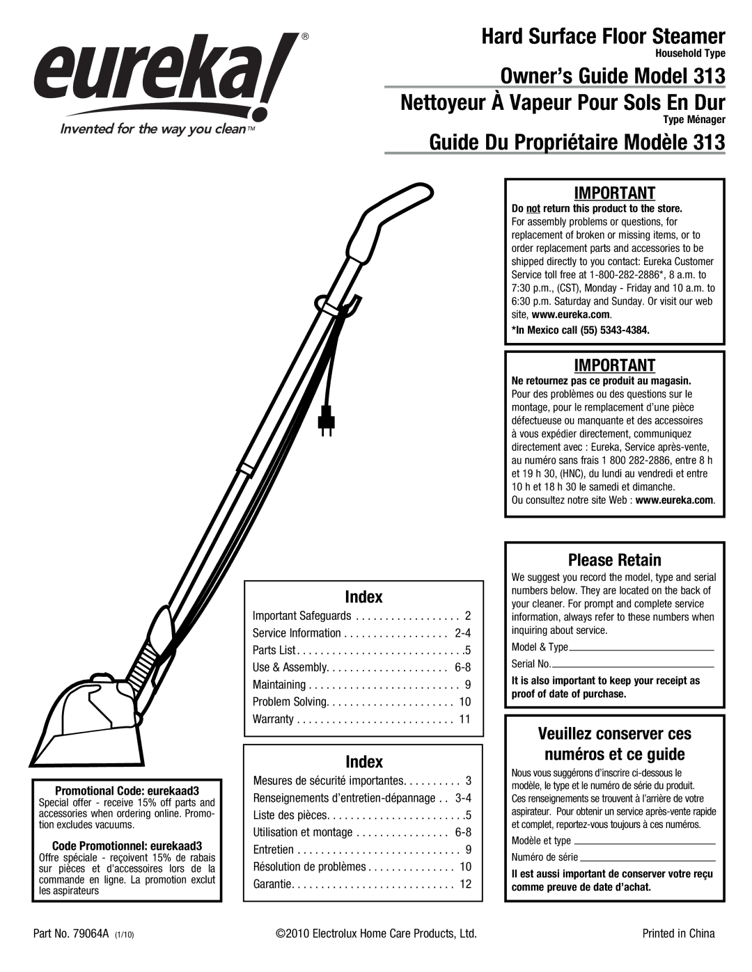 Eureka 313 warranty Veuillez conserver ces numéros et ce guide, Promotional Code eurekaad3, Code Promotionnel eurekaad3 