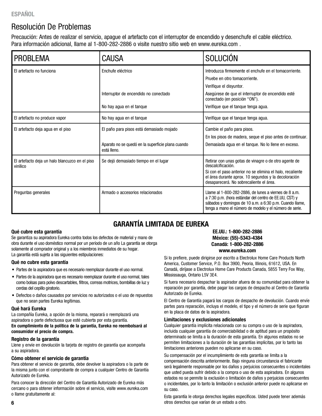 Eureka 313 warranty Resolución De Problemas, Problema Causa, Garantía Limitada DE Eureka 