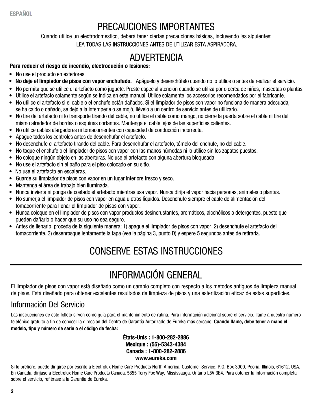 Eureka 313 warranty Precauciones Importantes, Advertencia, Conserve Estas Instrucciones Información General 