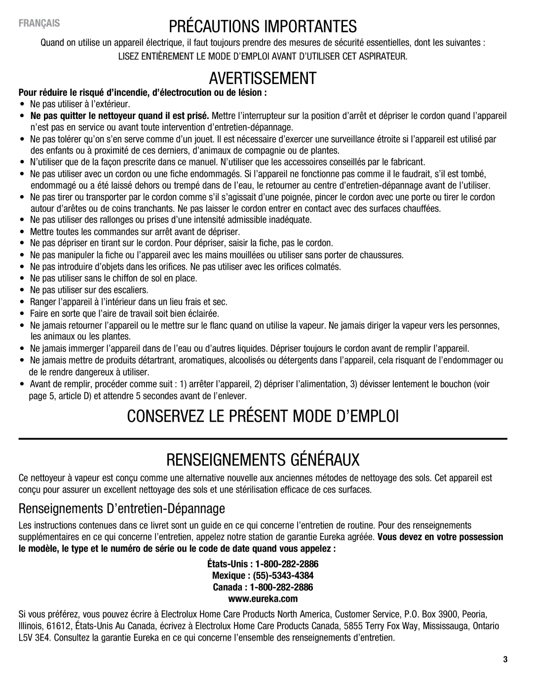 Eureka 313 warranty Renseignements D’entretien-Dépannage, Précautions Importantes 