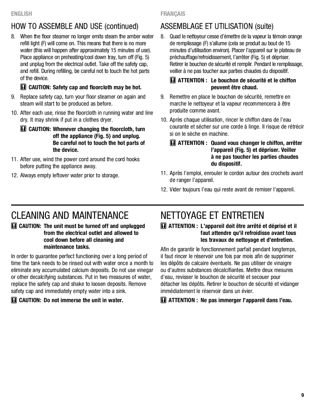 Eureka 313A warranty Nettoyage ET Entretien, Ne pas toucher les parties chaudes du dispositif 