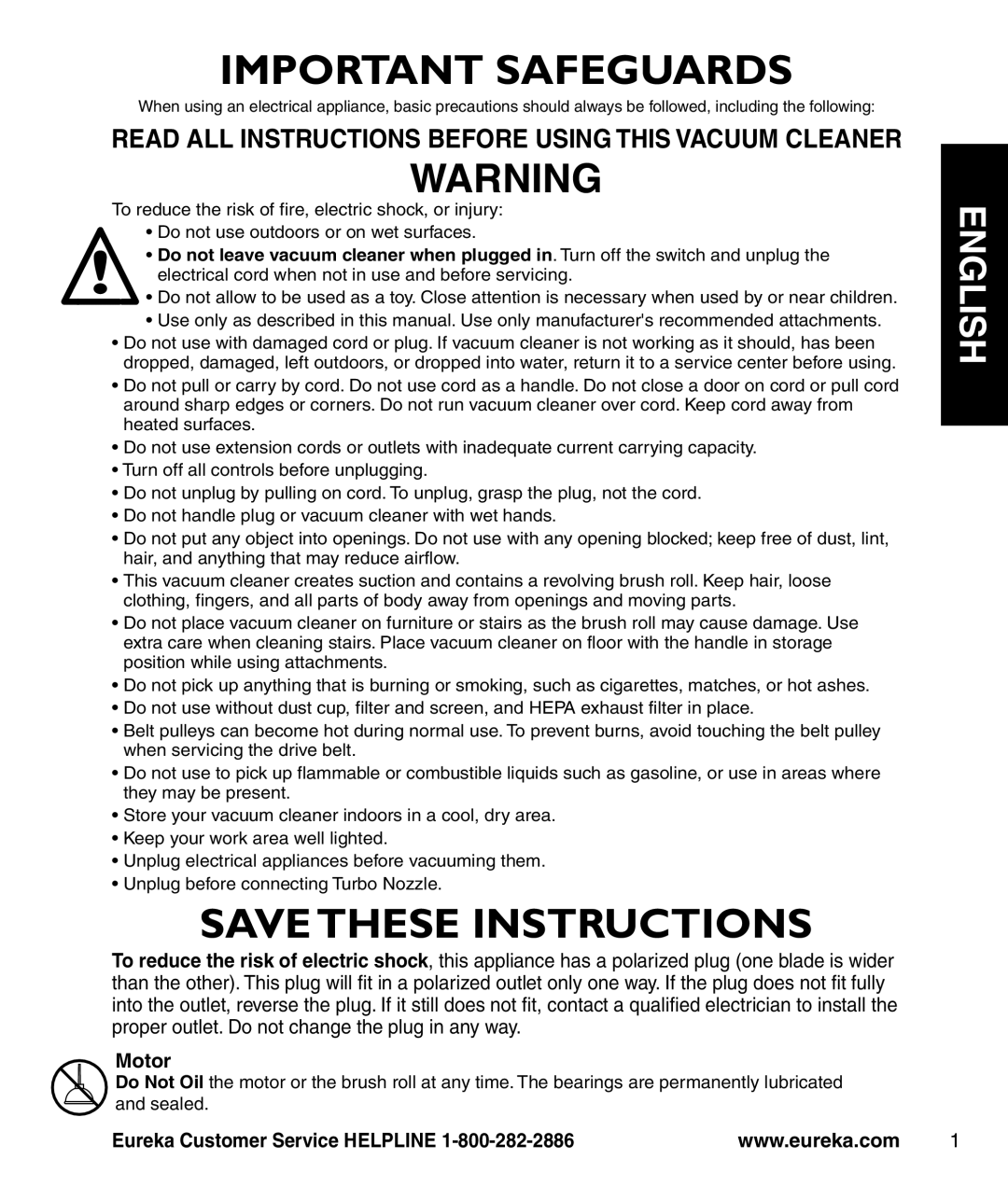 Eureka 3270 Series Motor, To reduce the risk of fire, electric shock, or injury, Do not use outdoors or on wet surfaces 