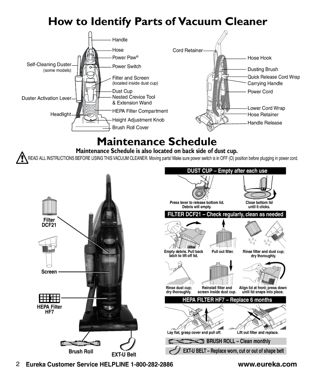 Eureka 3270 Series manual How to Identify Parts of Vacuum Cleaner, Maintenance Schedule, Brush Roll EXT-U Belt, Filter 