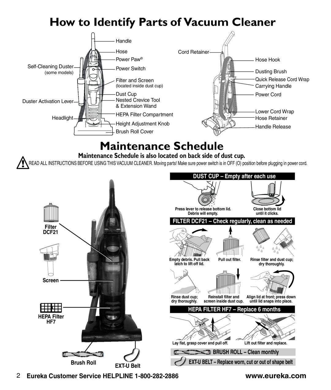 Eureka 3270 Series manual How to Identify Parts of Vacuum Cleaner, Maintenance Schedule, Eureka Customer Service HELPLINE 