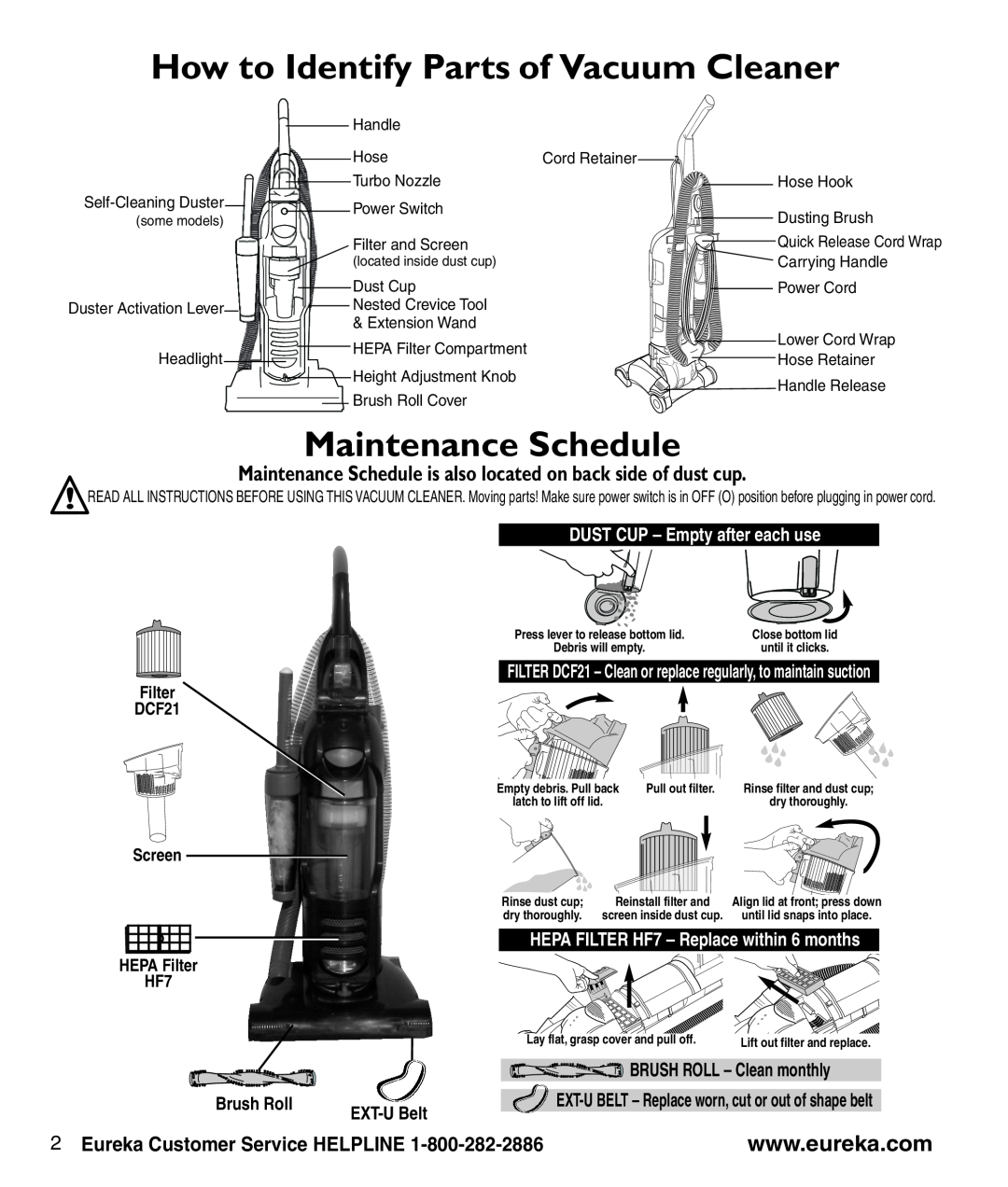 Eureka 3276-3280 How to Identify Parts of Vacuum Cleaner, Maintenance Schedule, Eureka Customer Service HELPLINE, Screen 