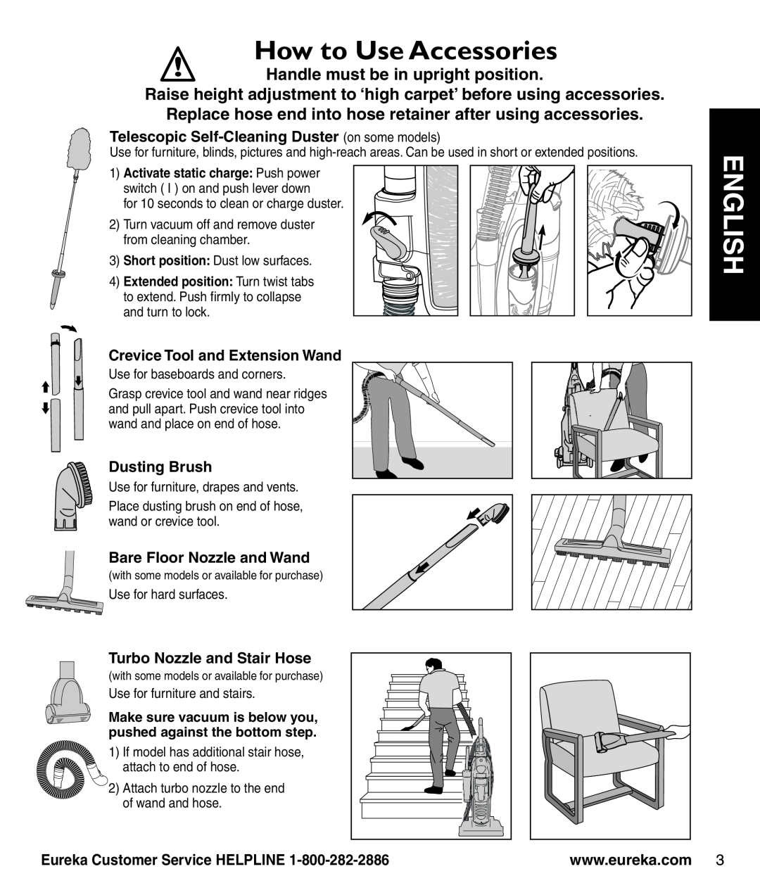 Eureka 3280 manual How to Use Accessories, Raise height adjustment to ‘high carpet’ before using accessories, Dusting Brush 