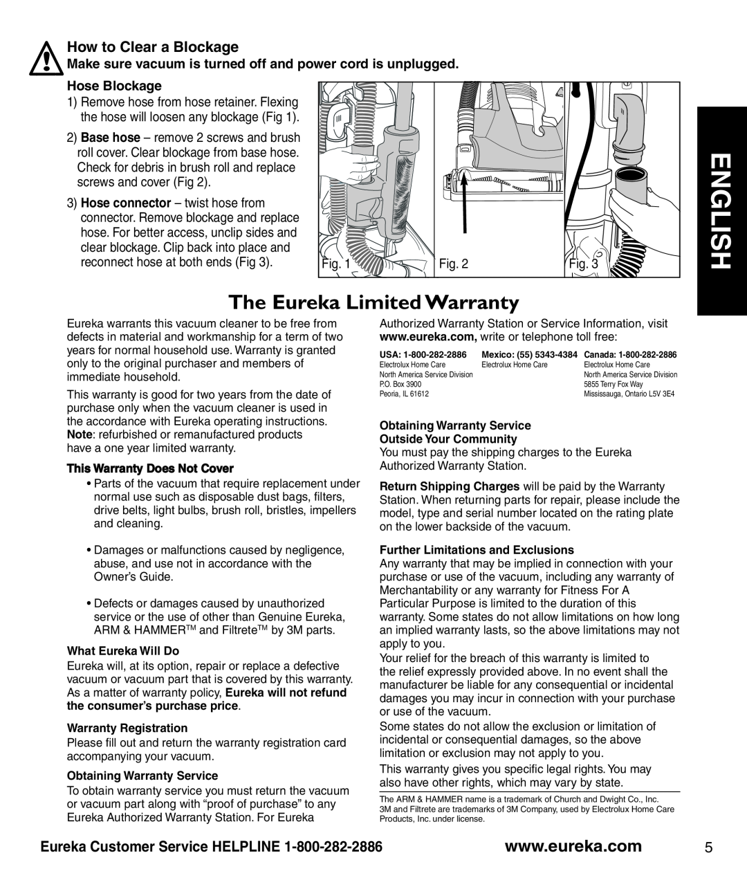 Eureka 3280 How to Clear a Blockage, Hose Blockage, English, The Eureka Limited Warranty, Eureka Customer Service HELPLINE 